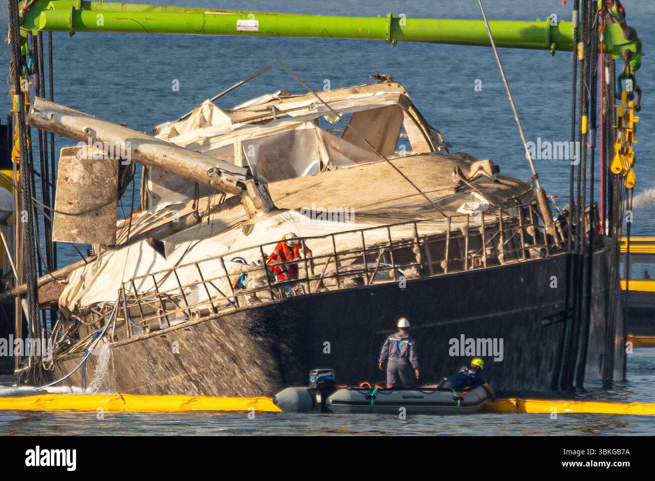 The hull of the superyacht Bayesian, which sank near Palermo, Sicily ...