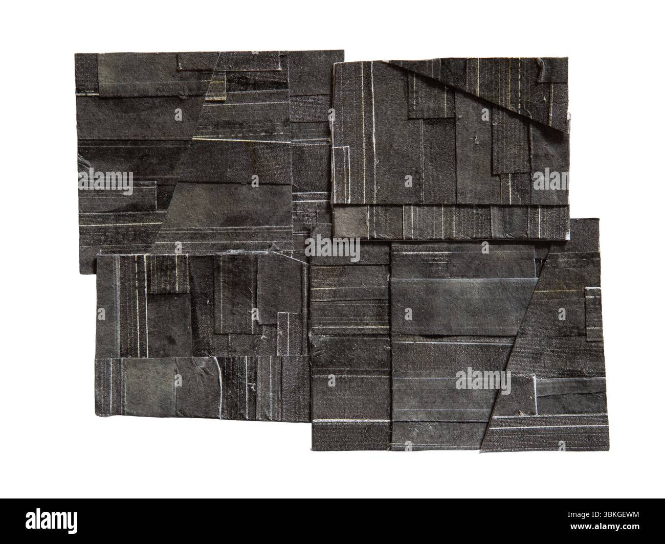 Complex rectangular shape manually created from shredded black printed ...