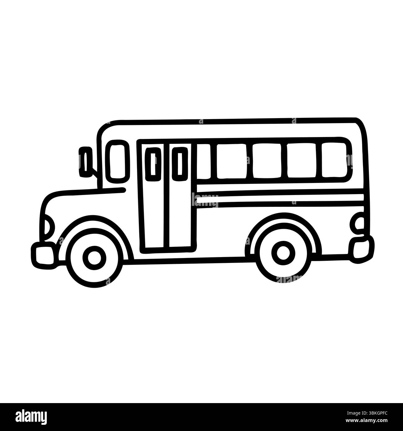 A simple line drawing of a school bus. The bus has large windows and ...