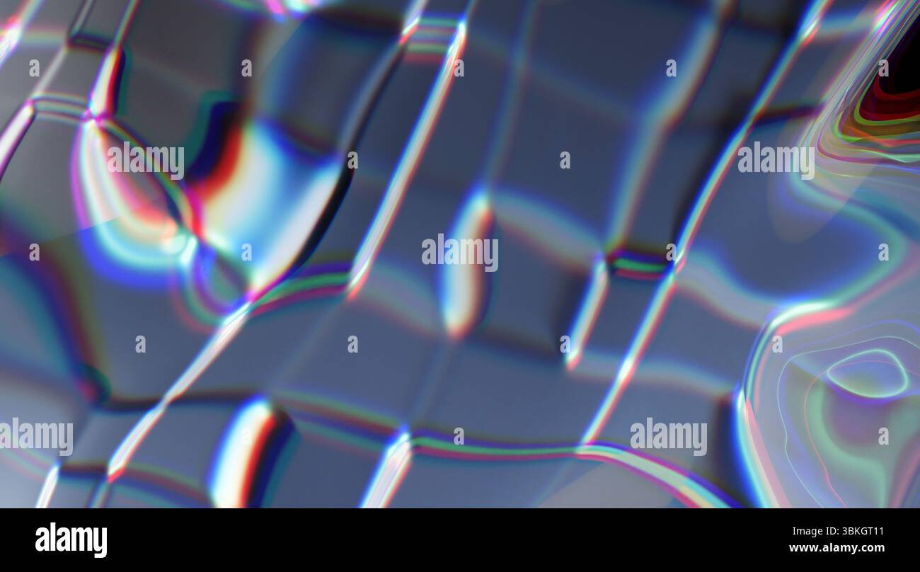 Abstract image showing distorted grid lines with iridescent color flows Stock Photo
