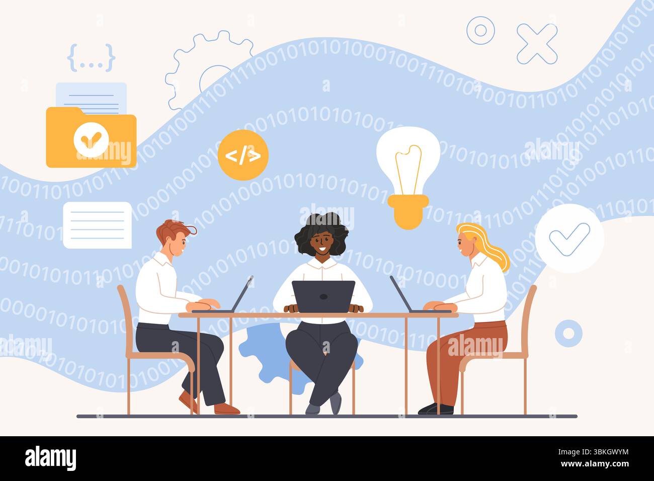 Hackathon, marathon of collaboration in software development by different specialists. Tiny programmers, web developers, designers working at table on project together cartoon vector illustration Stock Vector