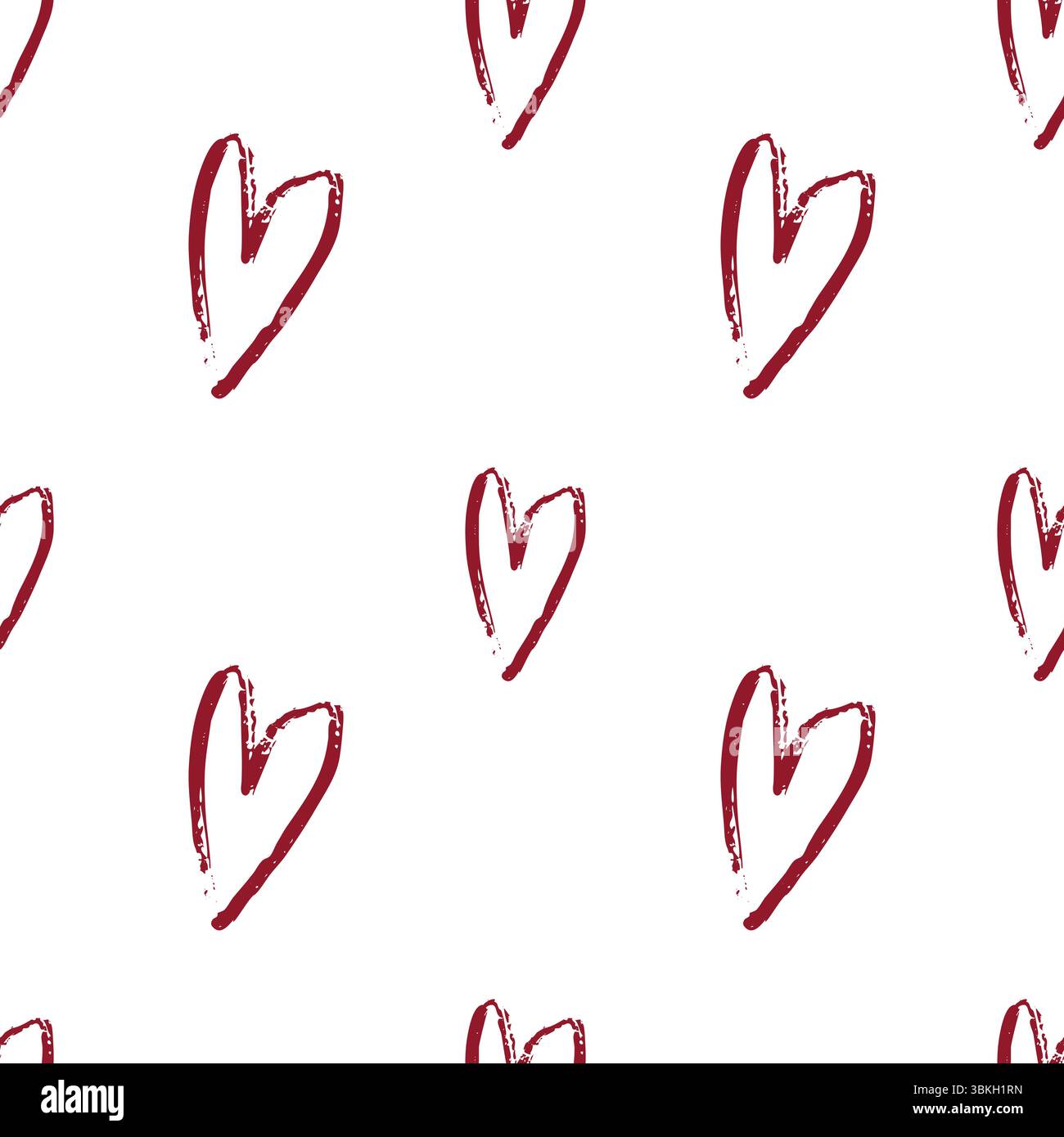 Vector hand drawn seamless pattern with red textured hearts on a white background Stock Vector