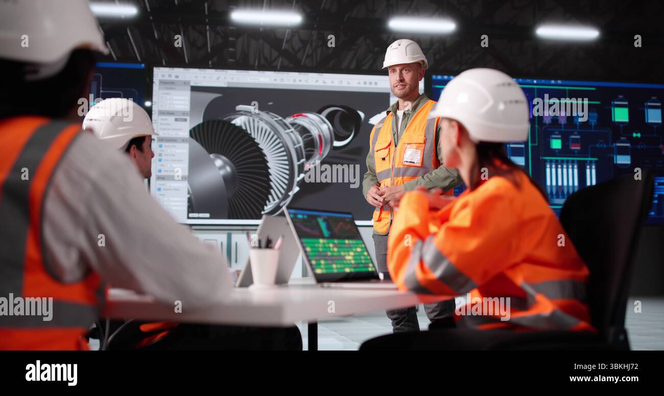 Multiracial Aerospace Engineer Giving Presentation On 3D Technology In Design Stock Photo