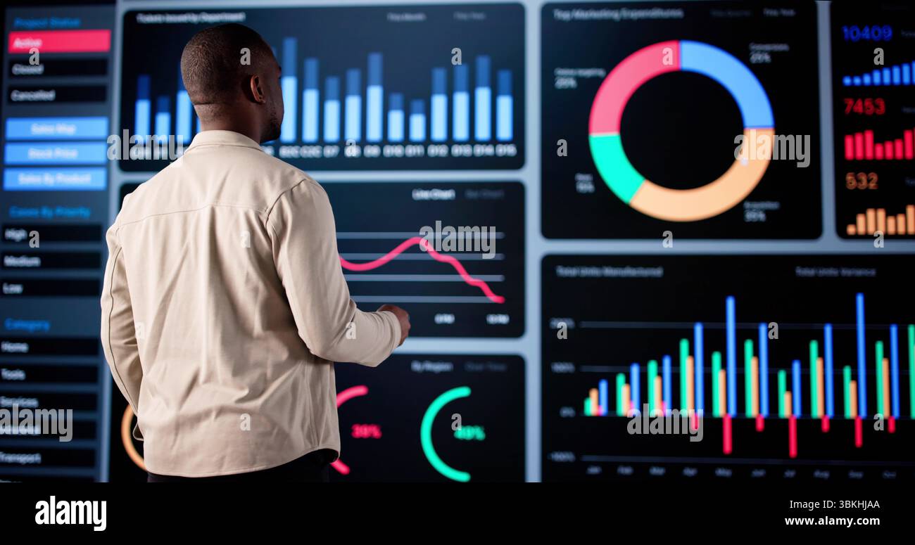 Businessman Analyzing Big Data On Artificial Intelligence Dashboard Software. Stock Trader Collaborating With Colleagues Stock Photo
