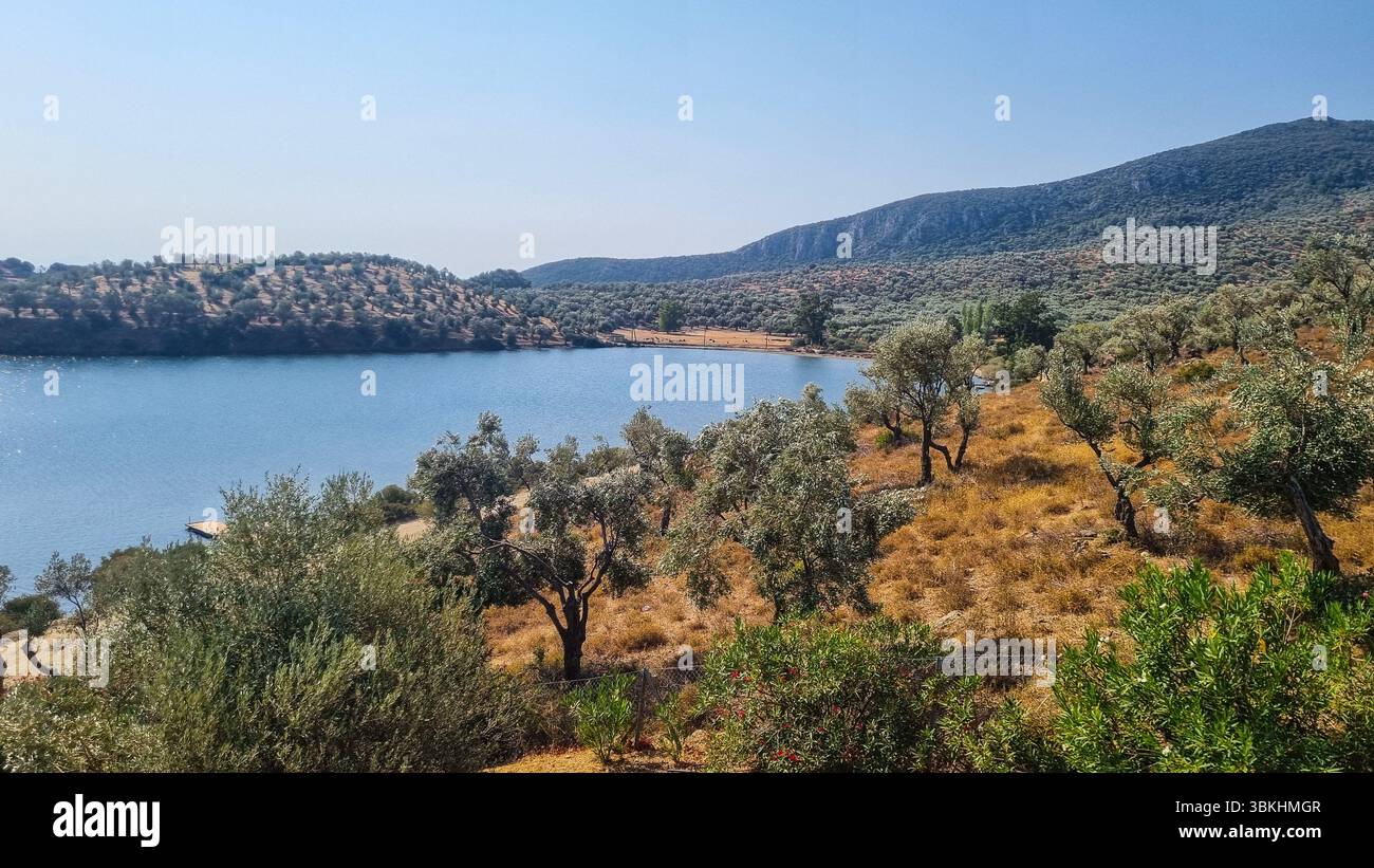 Summer vacation view of the island and sea on Lesbos Island, Greece, as seen from a house balcony. Stock Photo