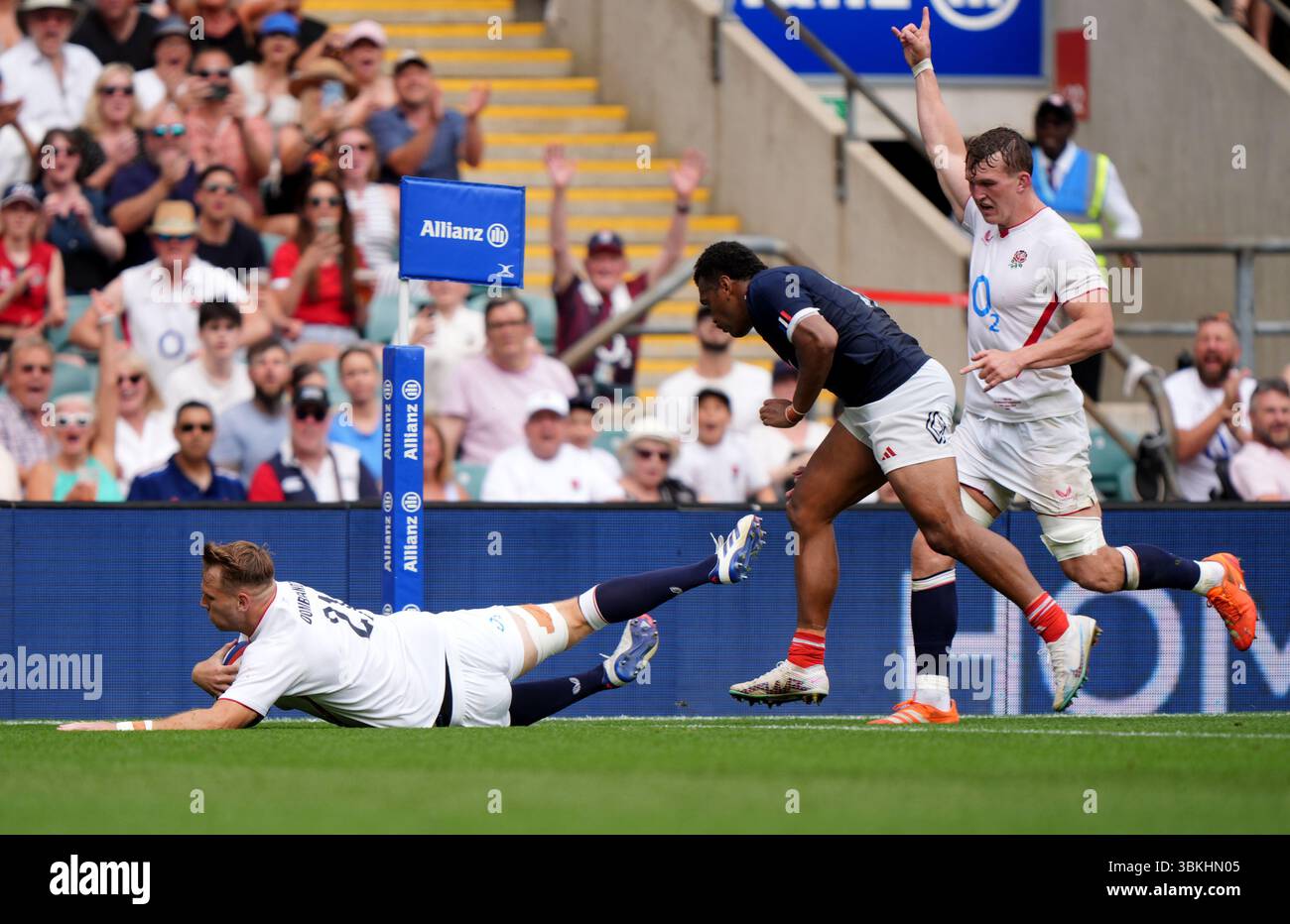England's Alex Dombrandt scores their side's fourth try of the game ...