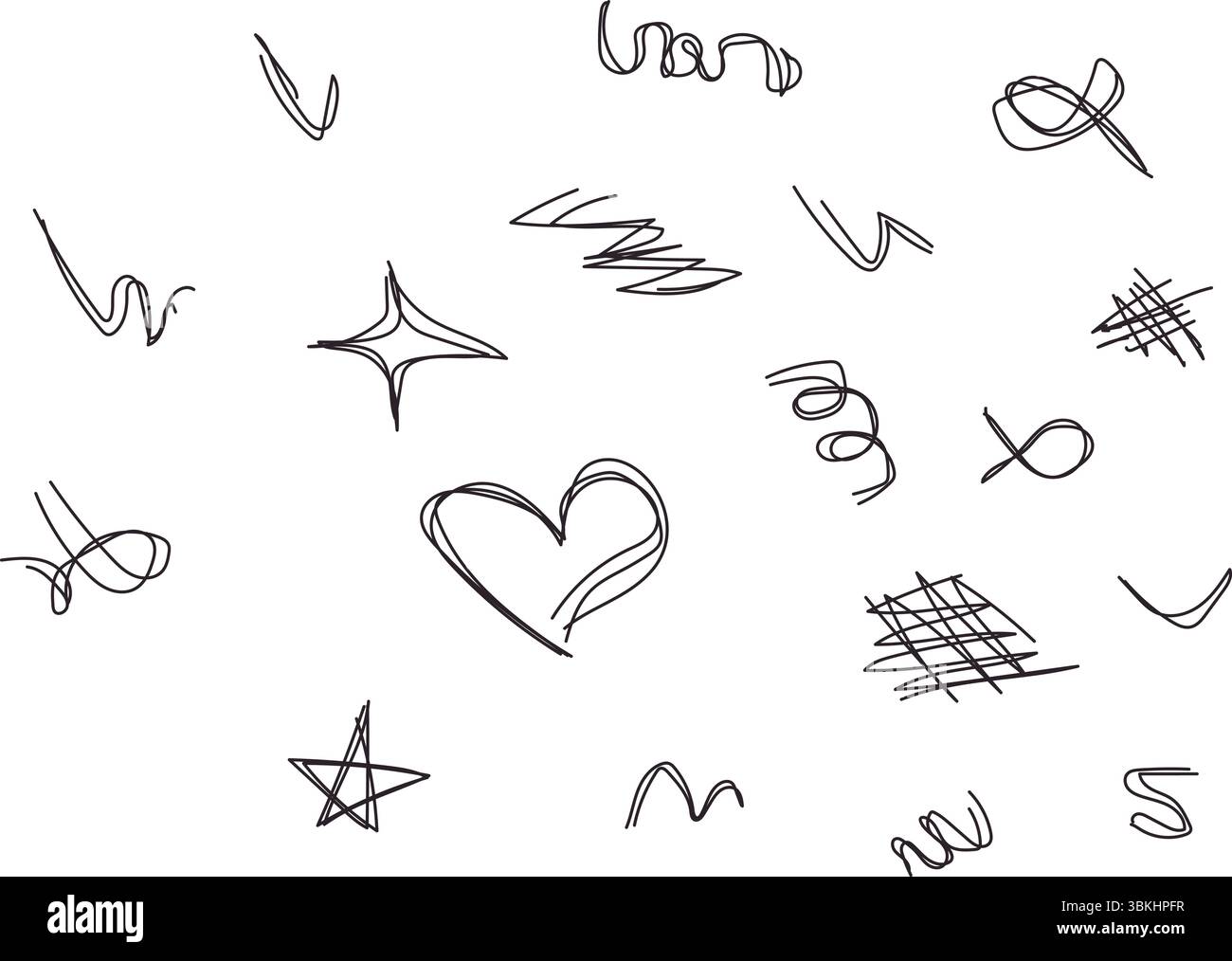 Random collection of black hand-drawn icons and squiggles on a white ...