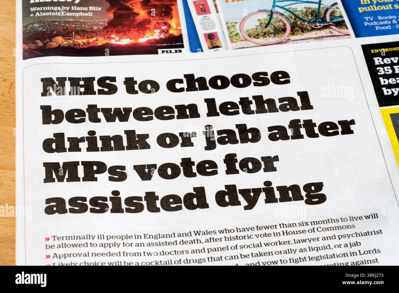 21-22 June 2025.  Front page headline in i Weekend is NHS to choose between lethal drink or jab after MPs vote for assisted dying. Stock Photo