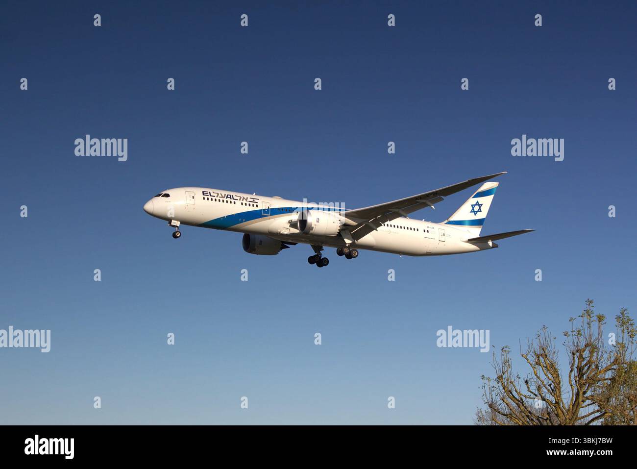 El Al Airlines Boeing 787-9 Dreamliner 4X-EDK, flies low over Myrtle Avenue on final approach before landing at London Heathrow Airport LHR. Stock Photo