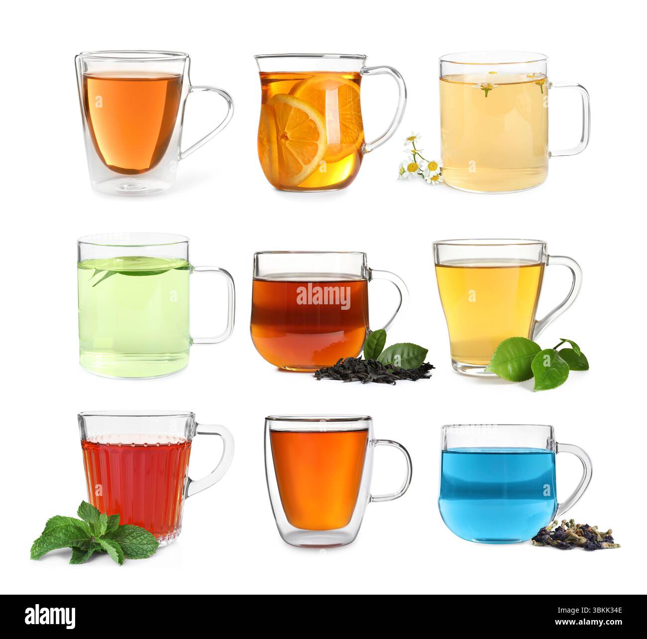 Different types of tea in glass cups isolated on white, set Stock Photo ...