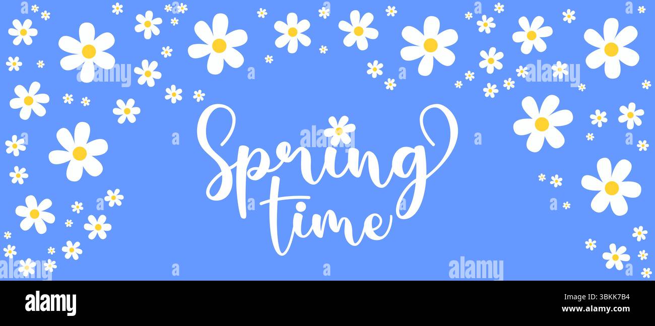 flower with text spring time blue background Stock Vector