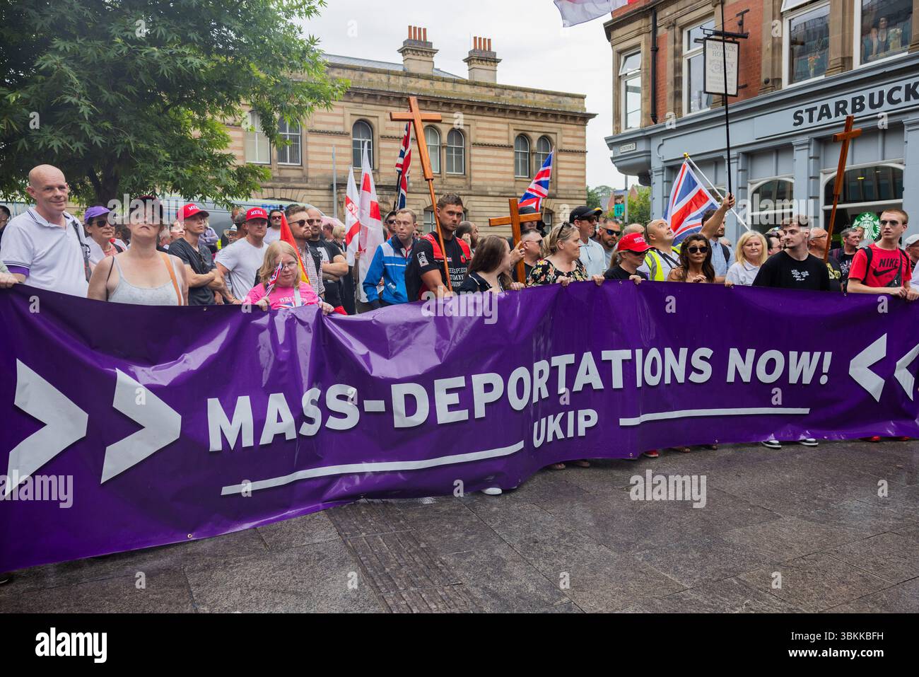 Nottingham, UK. 21 JUN, 2025. Mass Deportations banner as UKIP held a ...