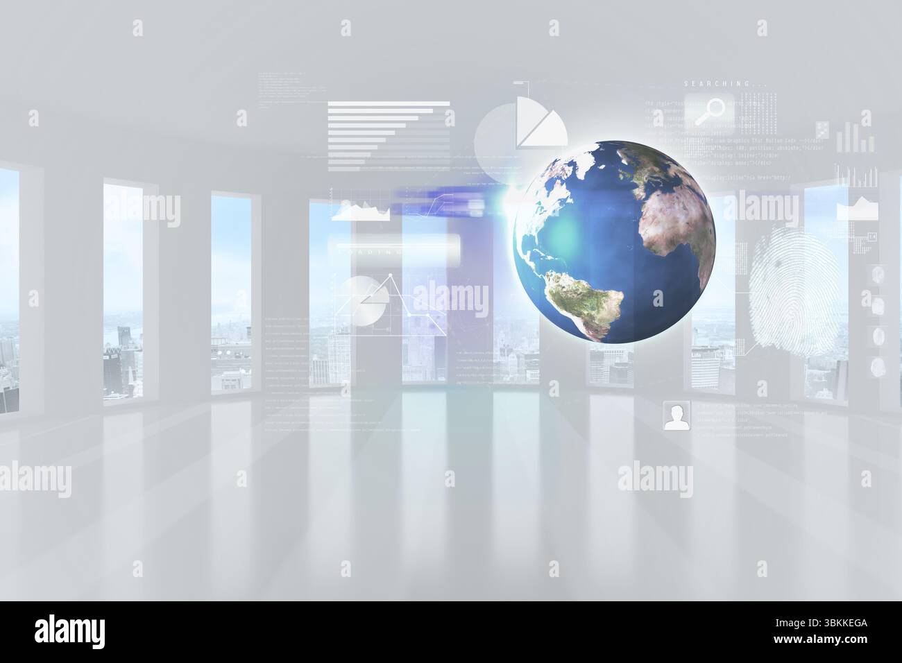 Holographic Earth globe is floating in minimalist room in 3D render, with data overlays and icons Stock Photo