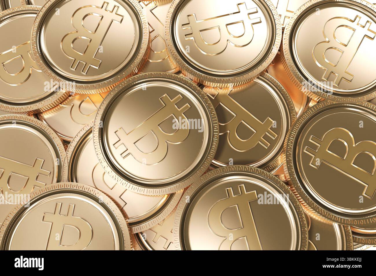 Gold-colored Bitcoin coins are overlapping in pile in 3D render with transparent background Stock Photo