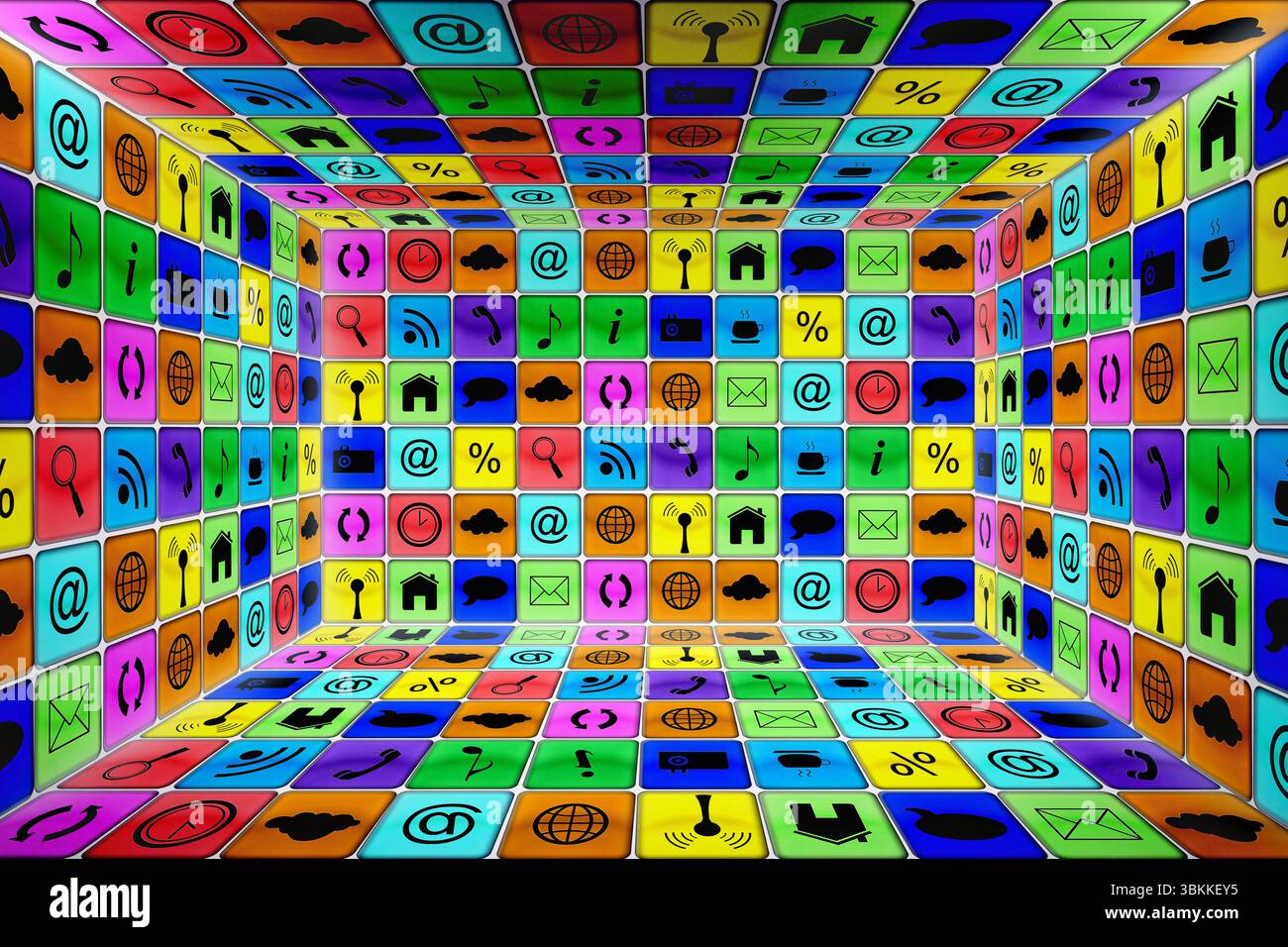Virtual room is forming tunnel with neon panels showing digital communication icons in 3D render Stock Photo
