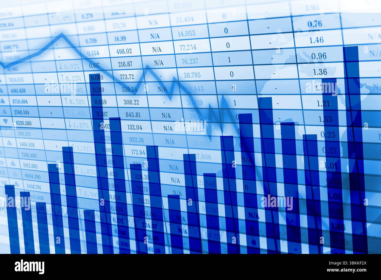 Blue flat visualization showing bar chart and downward arrow over data ...