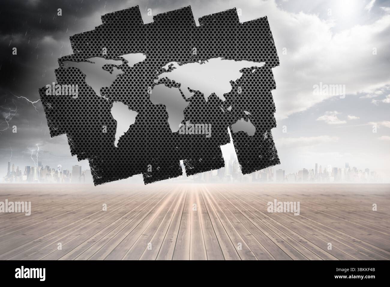 Floating hexagonal metal map is hovering against skyline in 3D render under lightning and sunrays Stock Photo