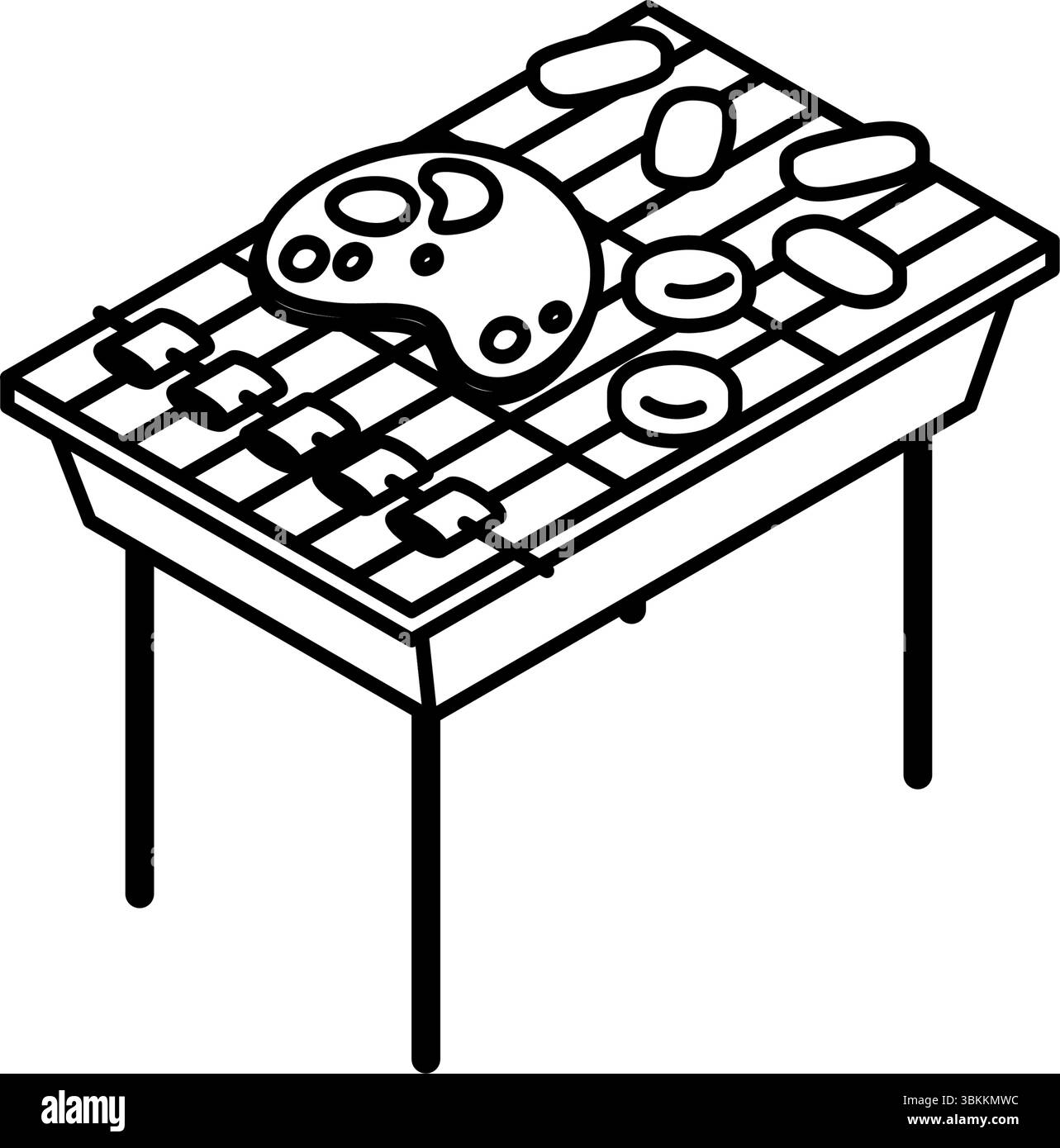 Isometric line art illustration of a barbecue grill with ingredients ...