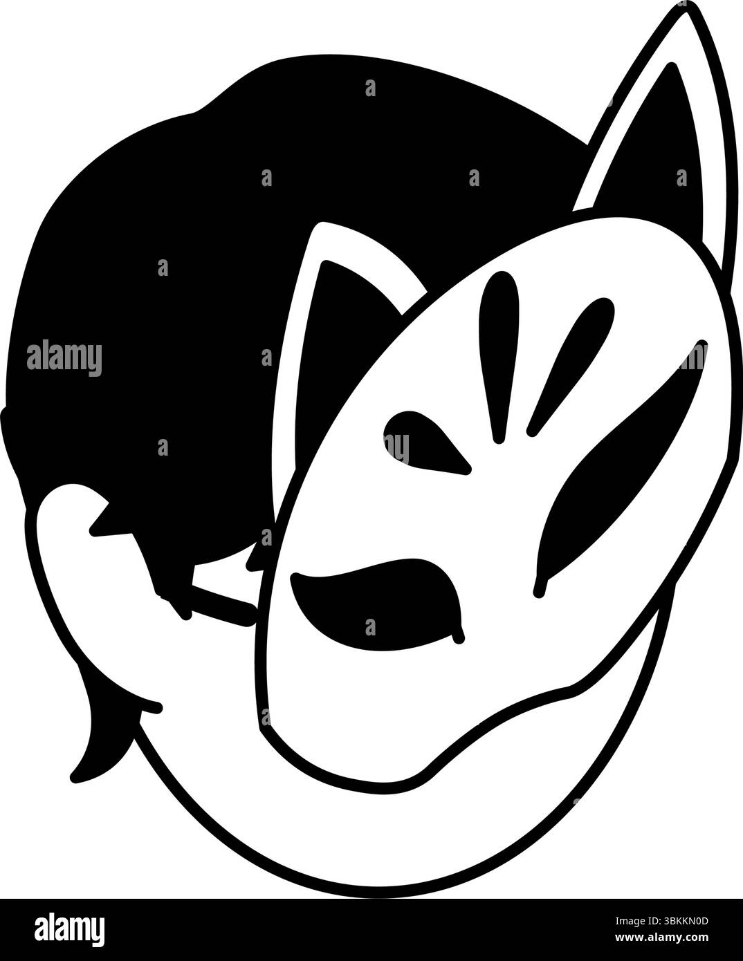 Isometric line art illustration of a child wearing a fox mask, simple ...