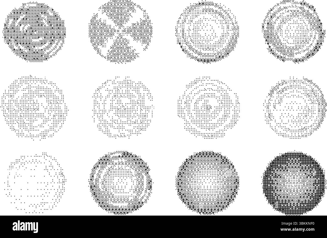 Bitmap pixel effect circles set. Circular Y2k rounds with textured halftone pattern. Vector graffiti dither gradient shapes on white background Stock Vector