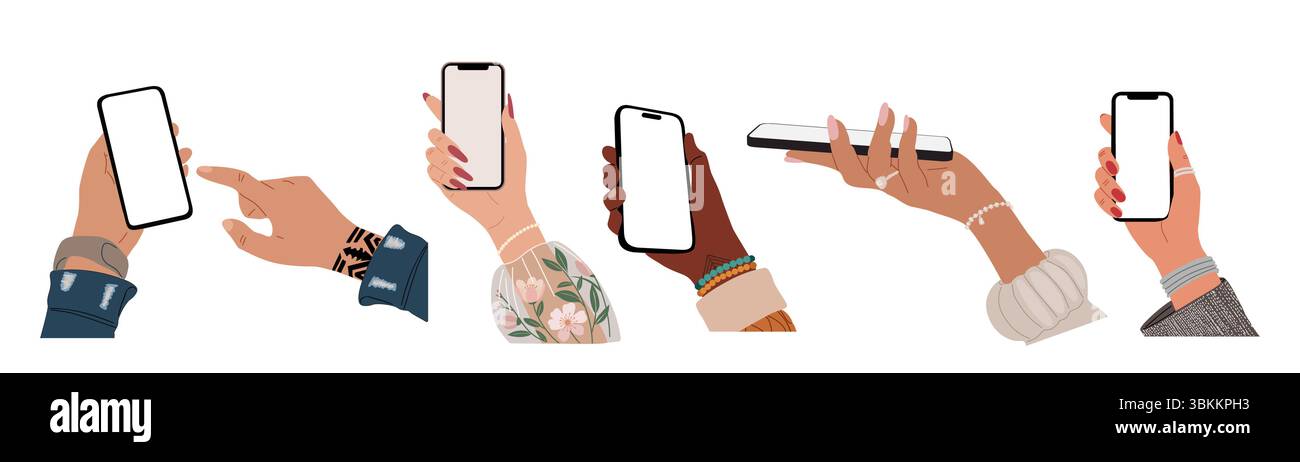 Set of Different Hands holding mobile phone. Stock Vector
