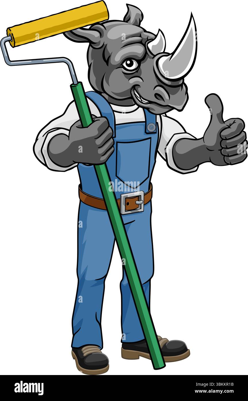Rhino Painter Decorator Paint Roller Mascot Man Stock Vector