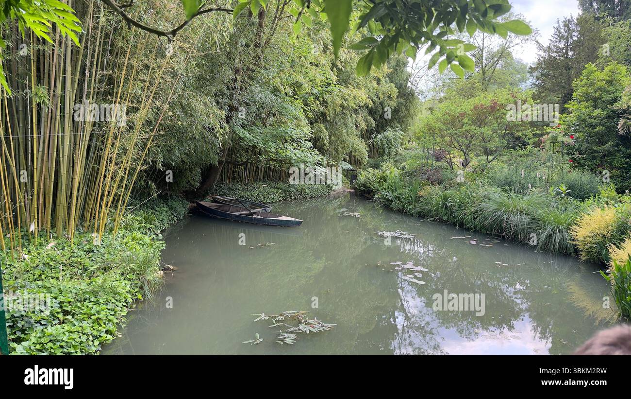 A canal is surrounded by bamboo, trees, and foliage. Two boats are ...