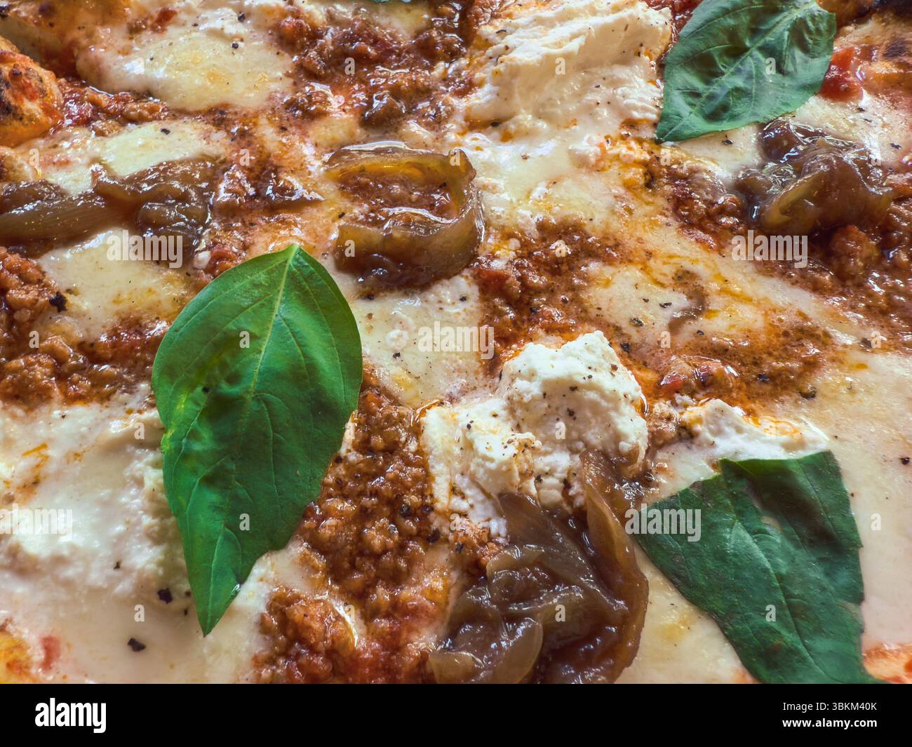 Freshly baked pizza featuring savory meat, creamy cheese, and basil. - Smartphone Captured Stock Image