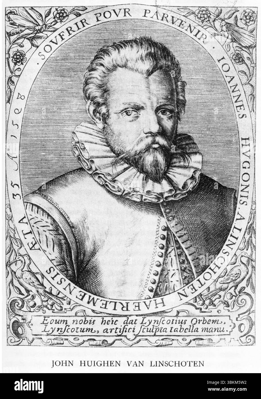 Jan Huygen van Linschoten (1563 – 1611) Dutch spy, merchant, traveller and writer, from Richard Hakluyt's books on The Principal Voyages Traffiques and Discoveries of the English Nation, 1604. Stock Photo