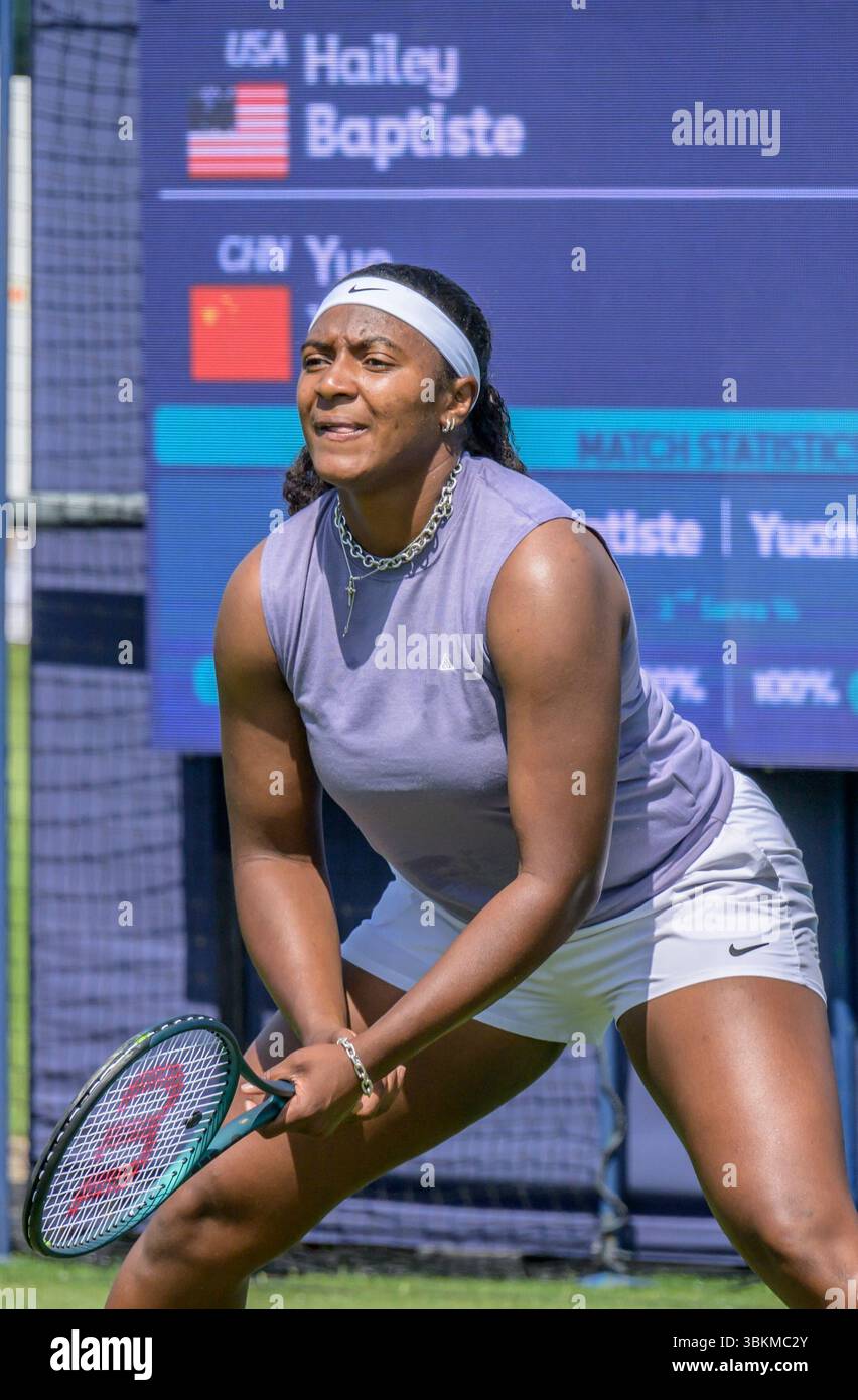 Hailey Baptiste (USA) playing in the first qualifying round for the Lexus Eastbourne Open, 21st June 2025 Stock Photo