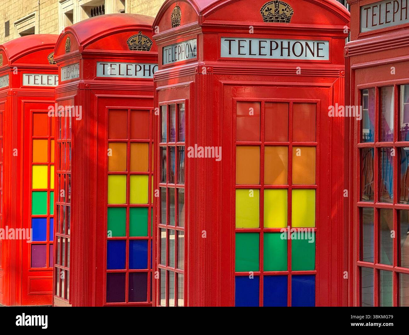 K2 public telephone boxes with coloured window panes on Broad Court, Covent Garden, London - Smartphone Captured Stock Image