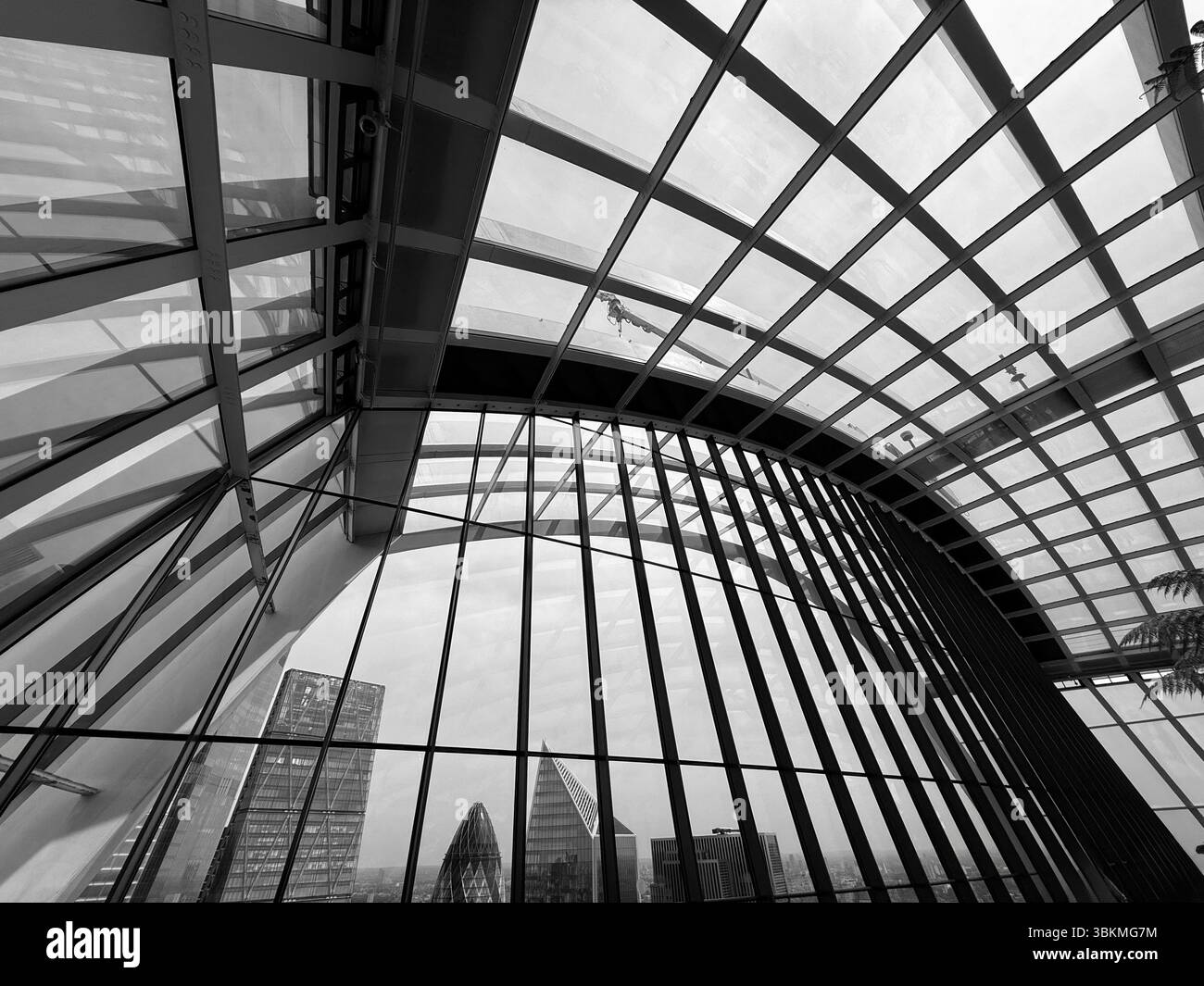 View from the Sky Garden at the top of the Walkie Talkie building in the City of London. Showing Gherkin building in distance. - Smartphone Captured Stock Image