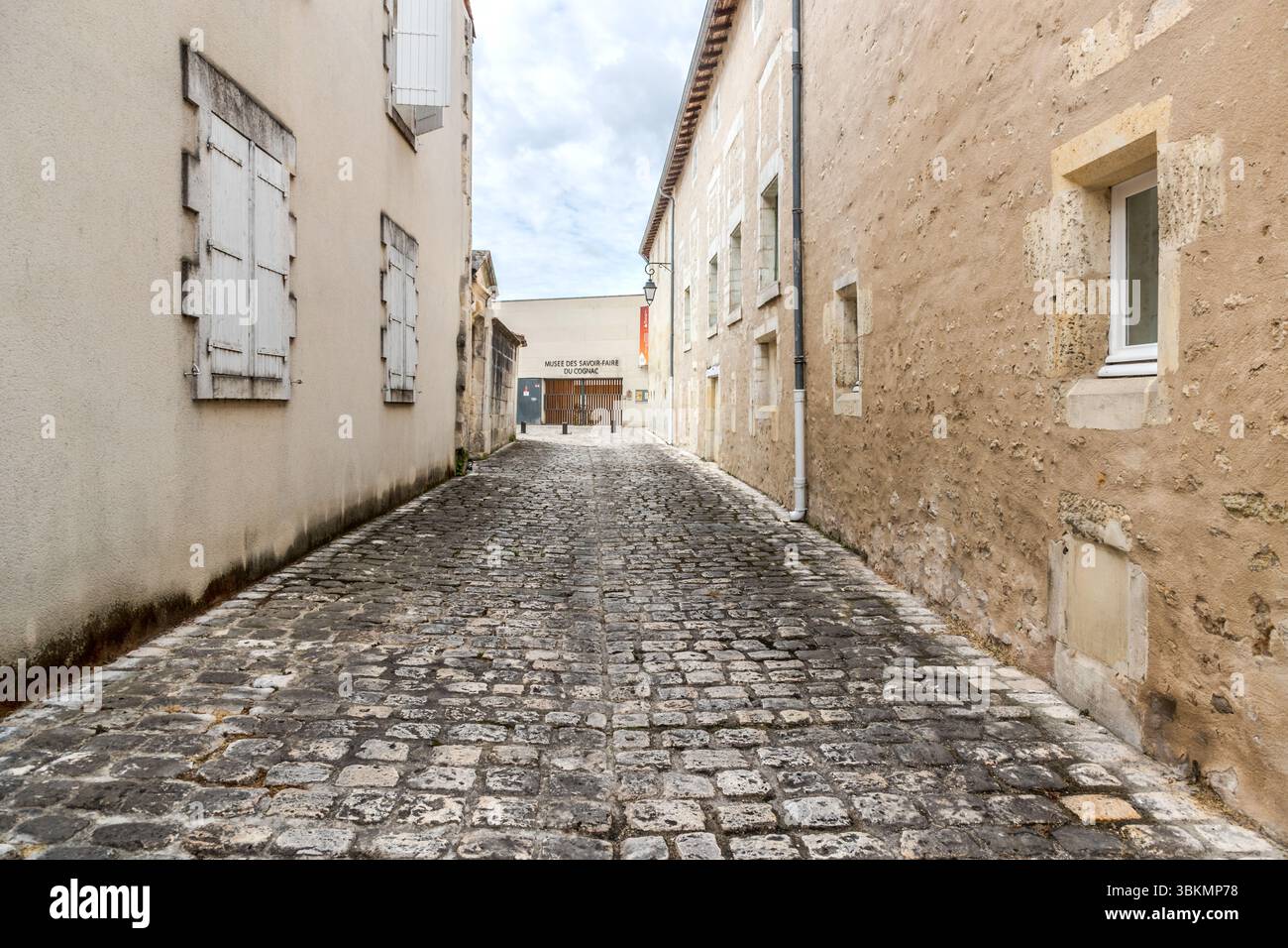 A narrow street in the town of Cognac, Rue Saulnier, Nouvelle-Aquitaine, France, leads to the "Musée des Savoir-faire du Cognac", known until 2020 as the "Musée des Arts du Cognac". The museum is centrally located between the town centre and the Hennessy distillery. It offers a comprehensive insight into the history, culture and production of the famous Cognac spirit over an area of around 2,000 square metres. The old buildings with their shutters and the cobbled street convey the historic charm of the town. At the end of the alley, the museum's name appears on a pale façade. The museum opened Stock Photo