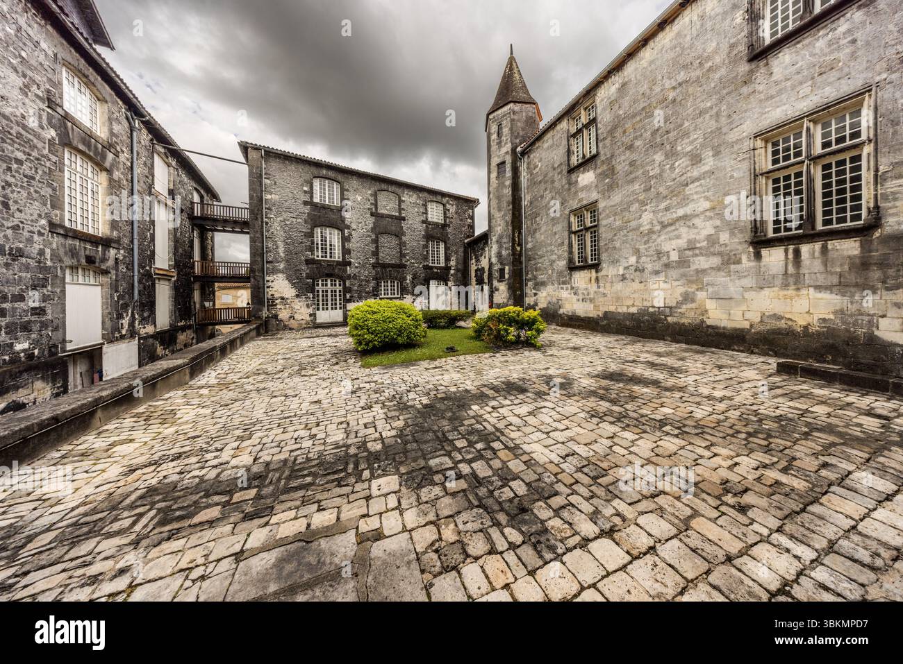 The inner courtyard of Cognac Castle (Château de Cognac), Rue du Château, Cognac, Nouvelle-Aquitaine, France, is paved with cobblestones darkened by a black coating. Two round shrubs grow on a patch of lawn in the middle. Around the courtyard stand stone buildings with blackened walls, wooden balconies and a round turret with a pointed slate roof. The stones are black in colour because a fungus has particularly good living conditions on them in the alcoholic air. The walls are black because the so-called cognac fungus (Baudoinia compniacensis) colonises them. It grows wherever alcohol evaporat Stock Photo