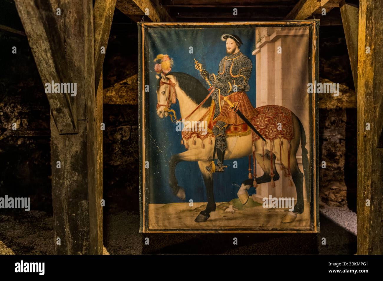 Painting of Francois I in the castle of Cognac. The King of France was considered a handsome and tall man for his time. He was not very successful politically, was taken prisoner by the Spanish in 1525 and was released in exchange for two of his sons. Sightseeing tour with tasting at the Château de Cognac. Rampe du Château, Cognac, Nouvelle-Aquitaine, France Stock Photo