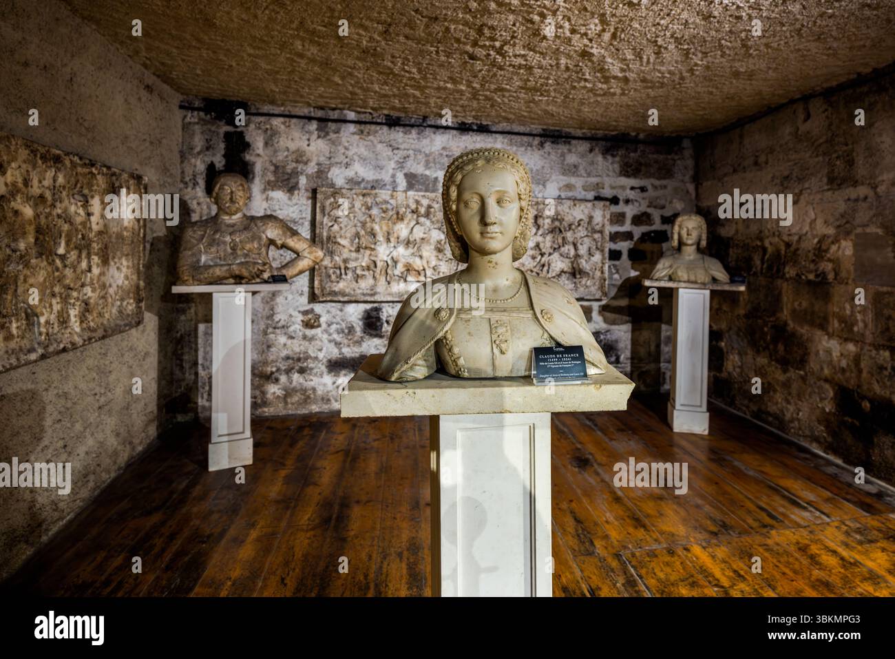 Three busts in Cognac Castle (Château de Cognac), Rampe du Château, Cognac, Nouvelle-Aquitaine, France, depict King François Ier (Francis I) (left), his first wife Claude de France (centre) and his mother Louise of Savoy (right). The busts stand on white pedestals in a low cellar room with a wooden floor. A sign on the central bust reads "Claude de France (1499–1524)". Relief panels with figurative scenes hang on the stone walls. The king was considered handsome and was a tall man for his time. Politically he was not very successful: he was taken prisoner by the Spanish in 1525 and was release Stock Photo