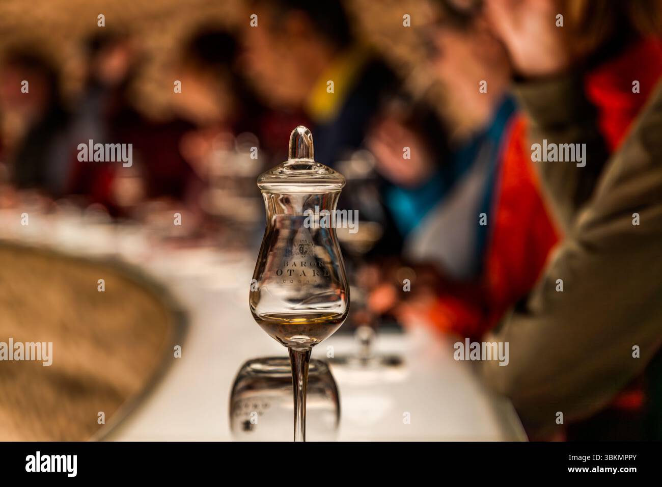 A tasting glass for cognac with the engraving "Baron Otard 1795" stands on the counter at the Baron Otard House in Cognac Castle, Rue François 1er, Cognac, Nouvelle-Aquitaine, France. The tulip-shaped glass holds a small amount of golden cognac and has a glass lid. Participants on the tasting sit in the background. Guided tours and tastings combine the history of the château and the start of spirits production at the end of the 18th century. Stock Photo