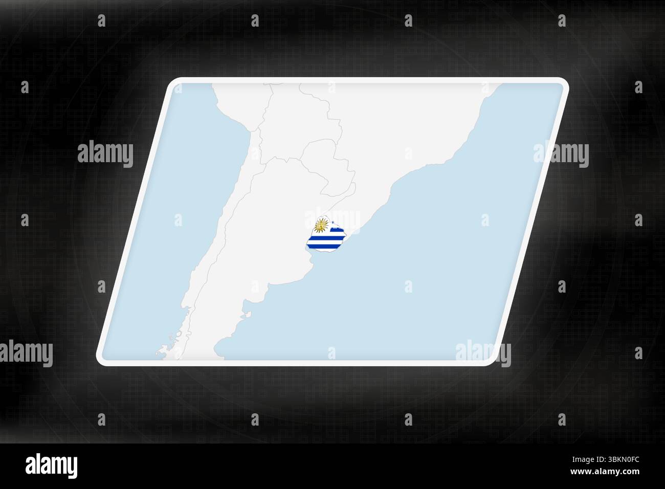 Uruguay Highlighted in Flag Colors on Geographic Map. Modern Map on a dark abstract backdrop. Stock Vector