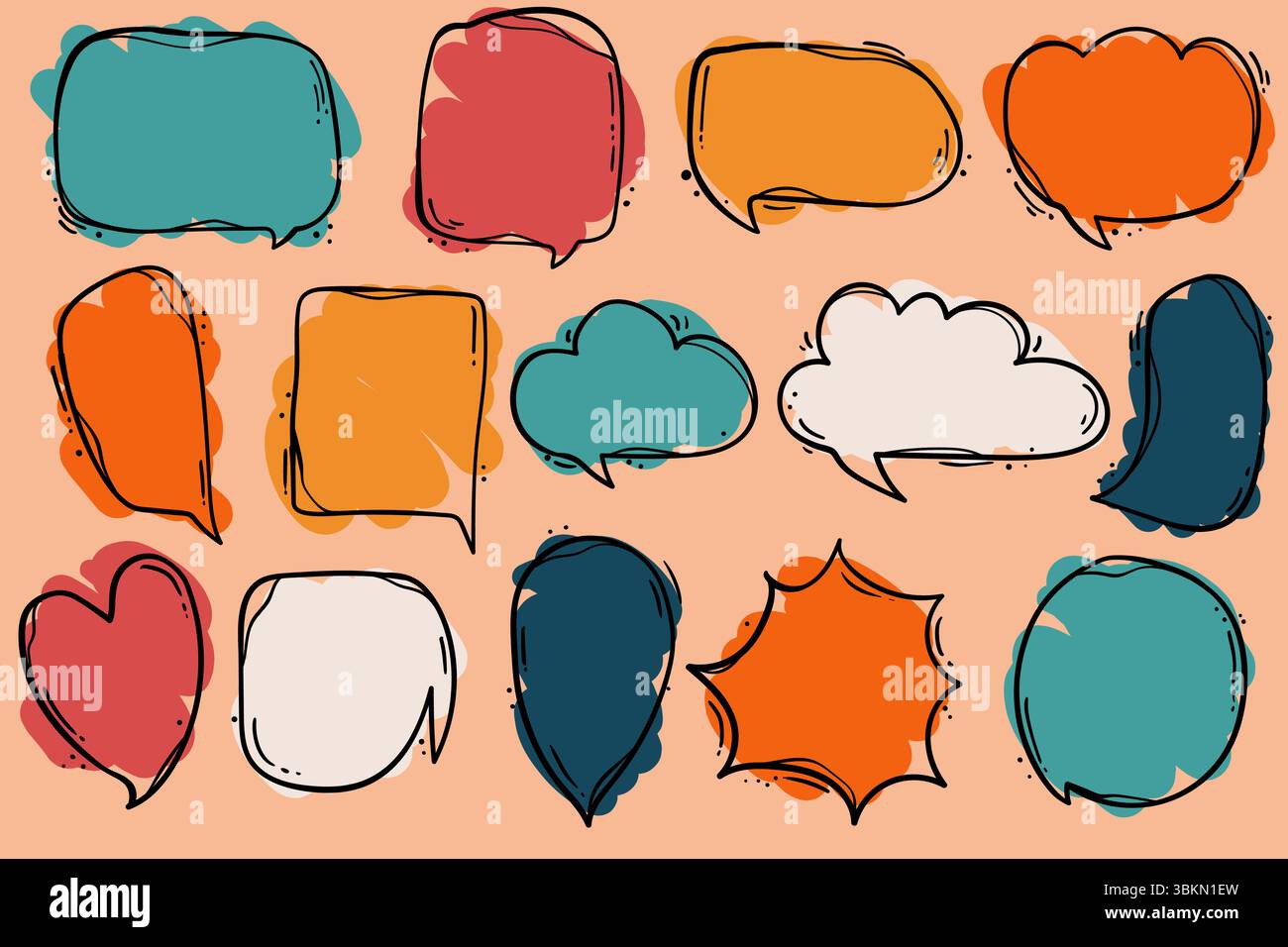 Doodle multicolored speech bubbles for selecting text . Chat boxes in cartoon style Stock Vector