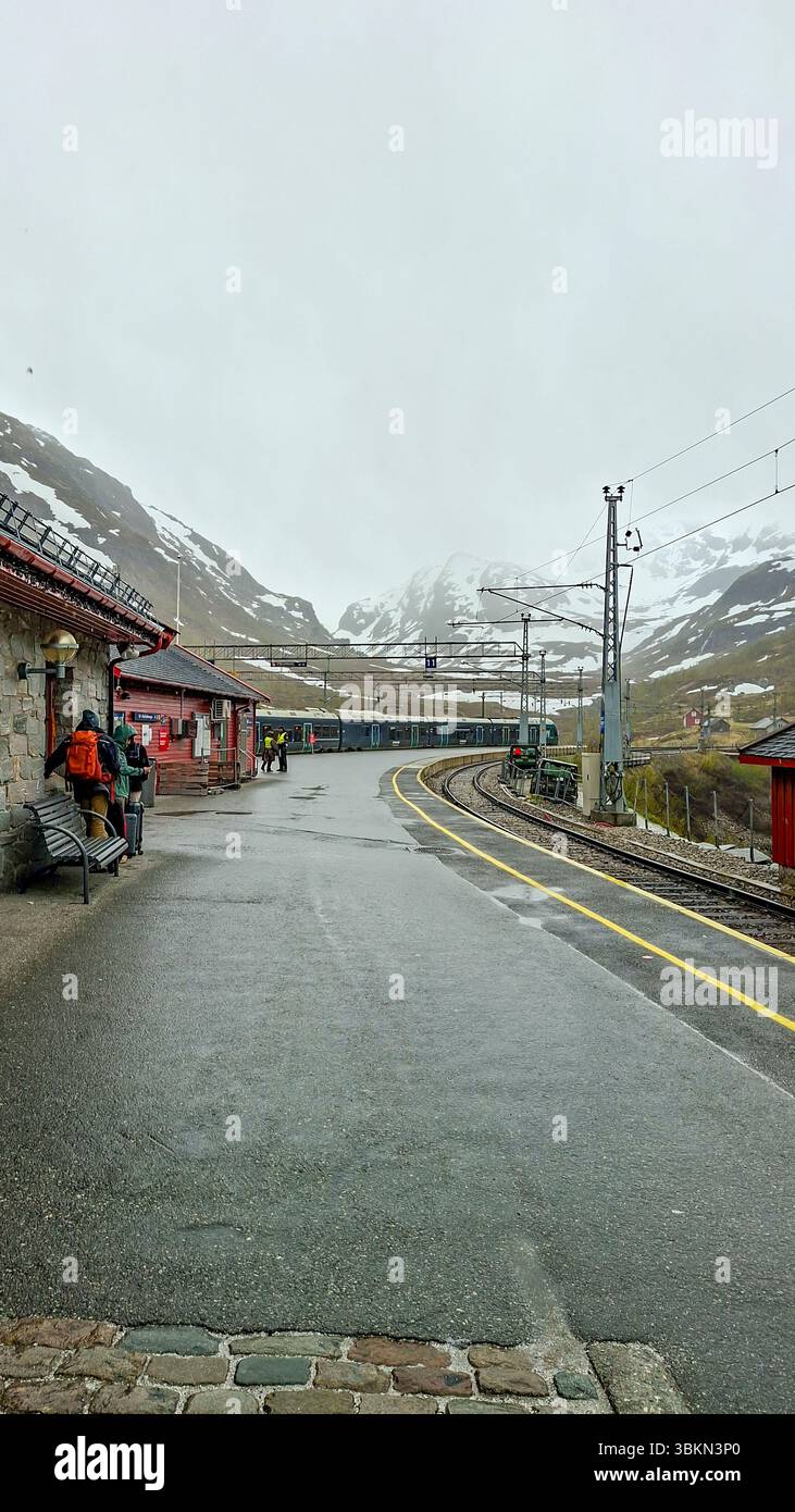 Myrdal station platform on a cloudy day in the Norwegian mountains Stock Photo