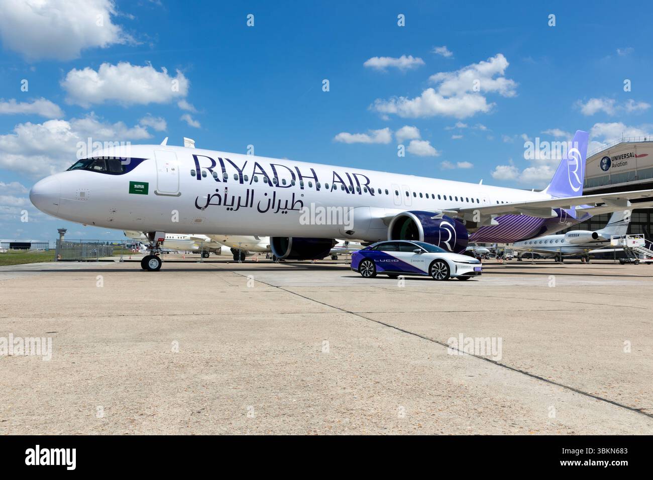 Airbus A321 NEO (XLR) airliner and Lucis Air EV car from Riyadh