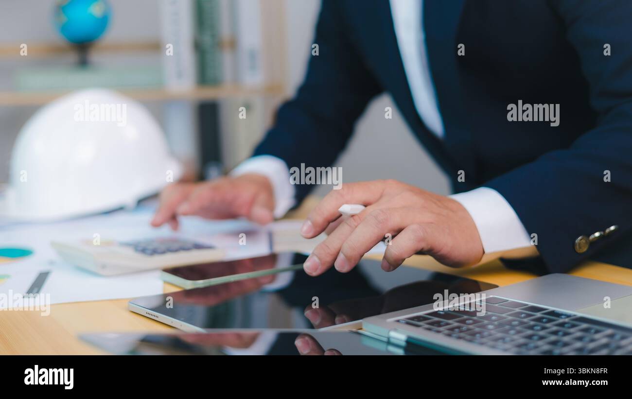 Project construction cost planning and calculation, Project presentation plan. Construction planning, structural calculation, Architect or engineer si Stock Photo