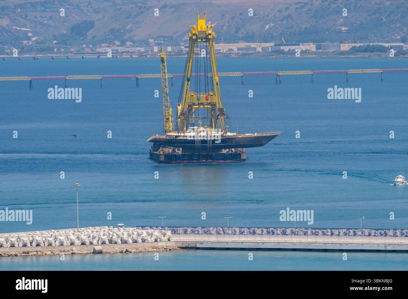 The hull of the superyacht Bayesian, which sank near Palermo, Sicily ...