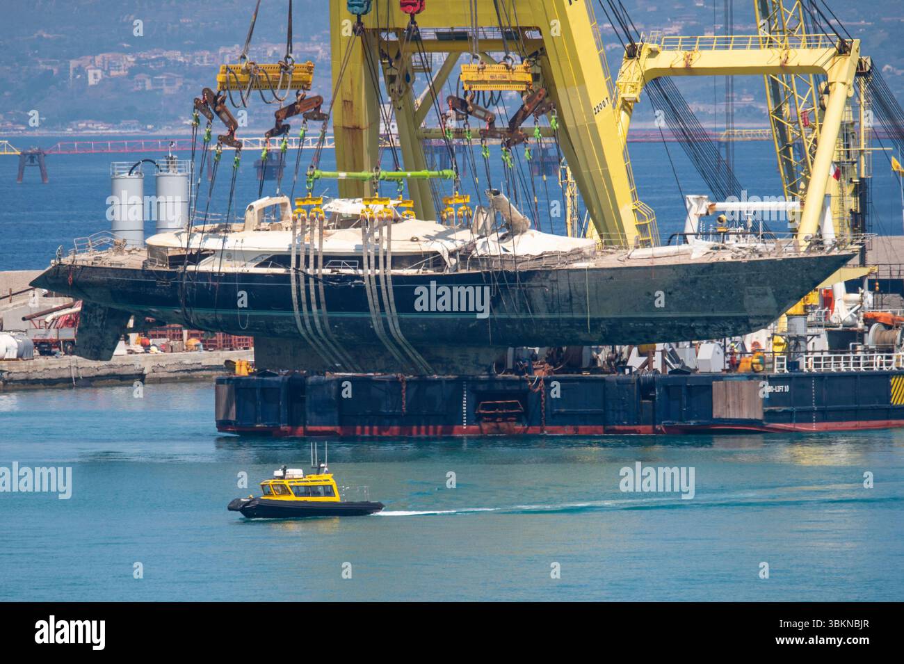 The hull of the superyacht Bayesian, which sank near Palermo, Sicily ...