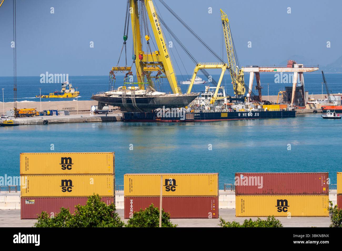 The hull of the superyacht Bayesian, which sank near Palermo, Sicily ...