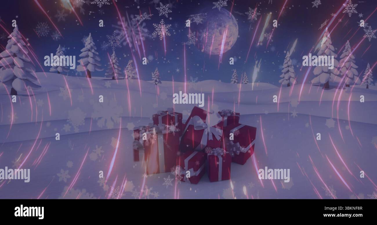 Displaying red gift boxes on snow under moonlight by pine trees with falling snowflakes, copy space Stock Photo