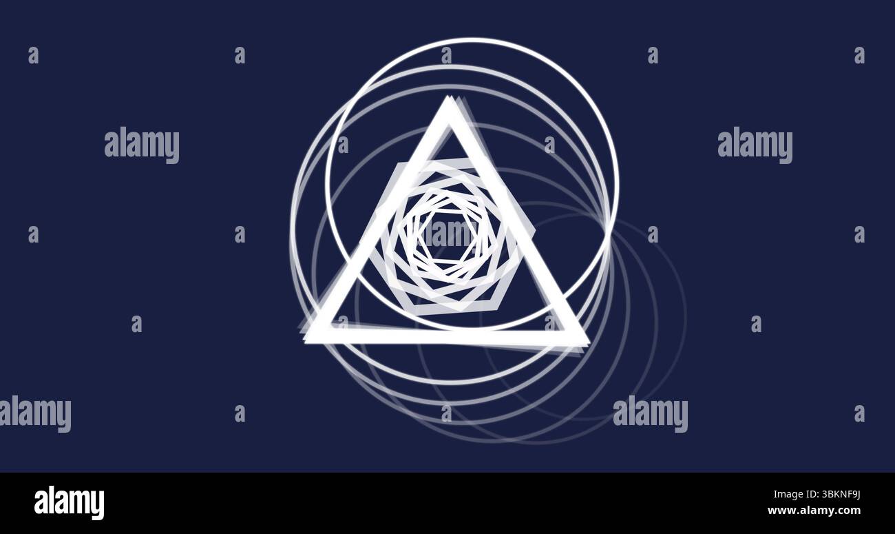 Displaying nested triangles and translucent rings on navy field, with white triangle outline Stock Photo