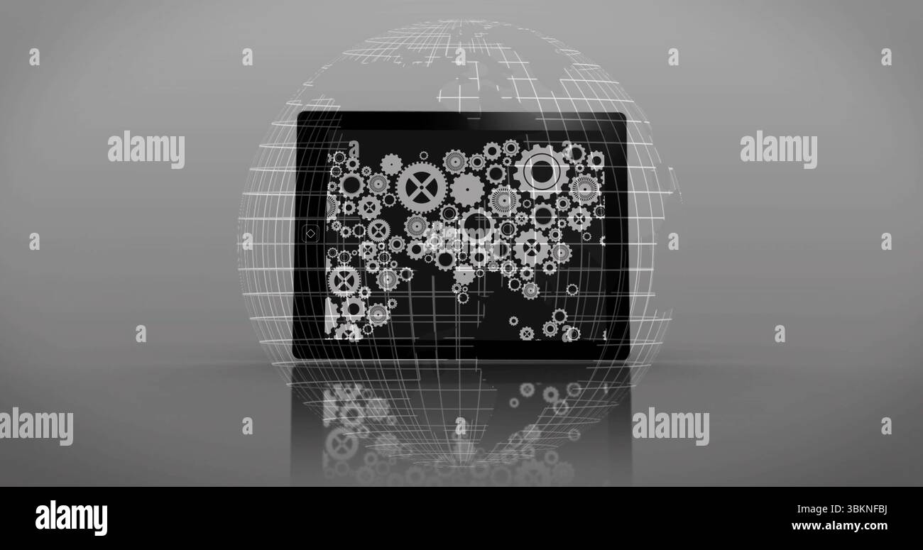 Black device displaying white gear icons forming world map on shiny ...