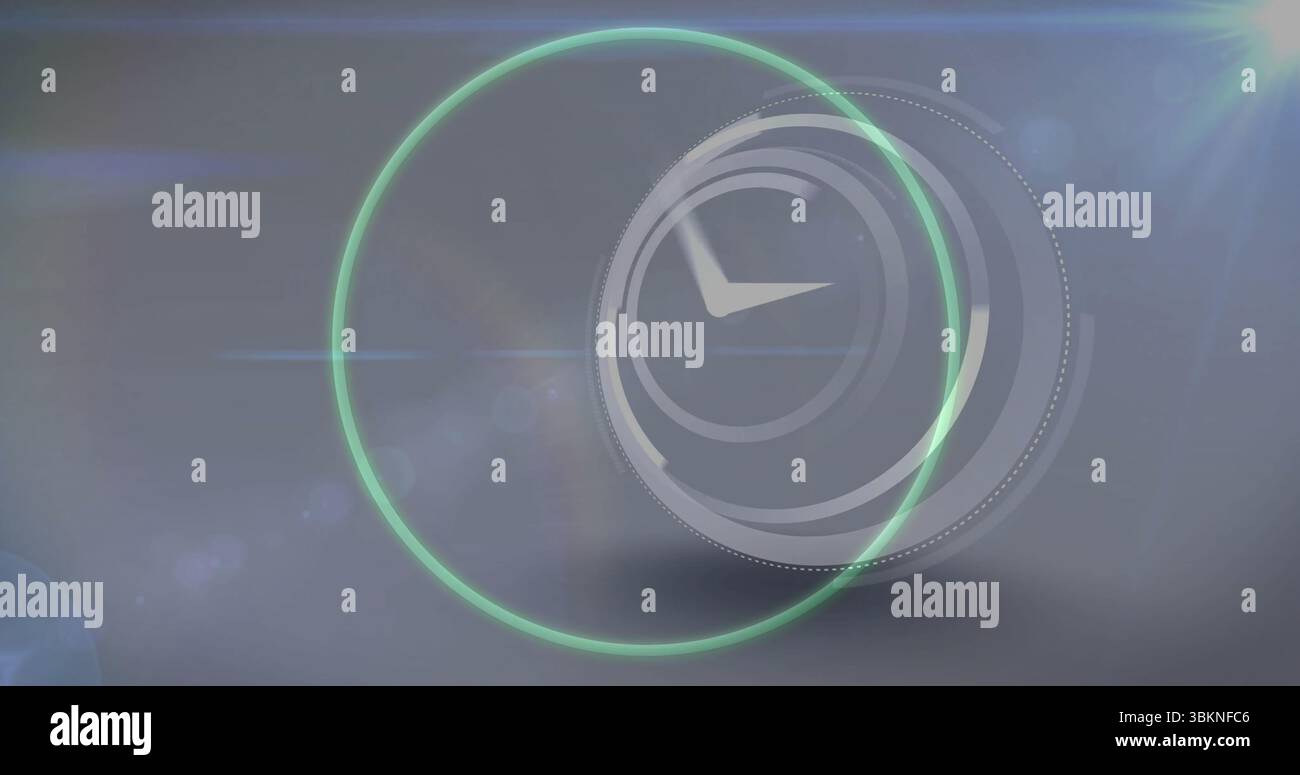 Displaying stylized clock face pulsing with green ring on grey gradient with light streaks Stock Photo