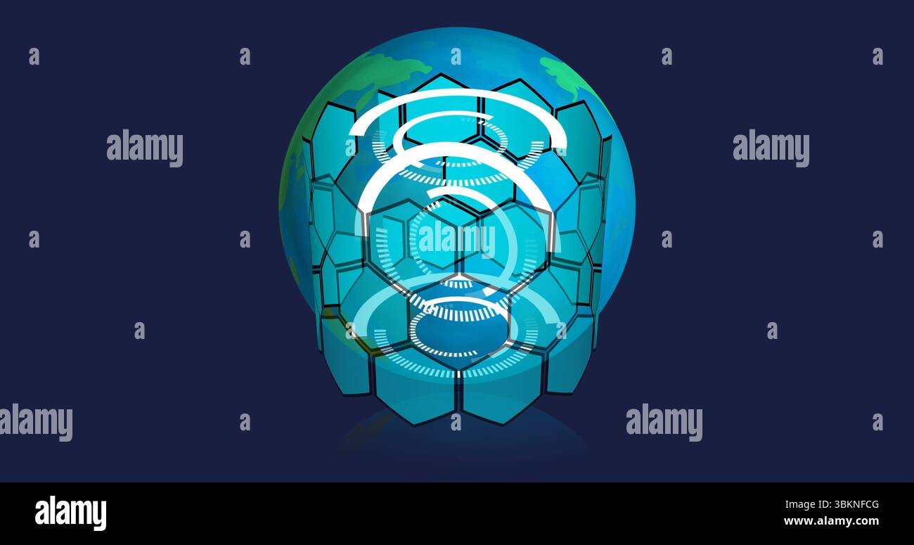 Displaying Earth globe with hexagon grid and UI rings on navy background, data visualization Stock Photo
